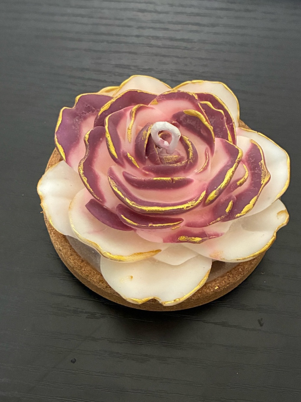 Handcrafted Rose Candle - Pink and White with Gold Trim